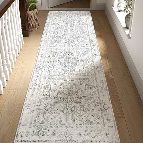 jinchan Kitchen Runner Rug 2x8 - Vintage Floral Machine Washable Non-Slip Hallway Runner Rug with Rubber Backing Ultra-Thin Carpet for Bedroom Laundry Room Farmhouse (2x8ft,Taupe)