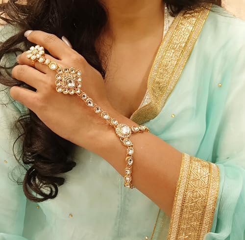 Efulgenz Indian Hand Chain Finger Ring Bracelet Indian Kundan Finger Ring Link Chain Wedding Bridal Hand Harness Slave Bollywood Bracelet Jewelry3