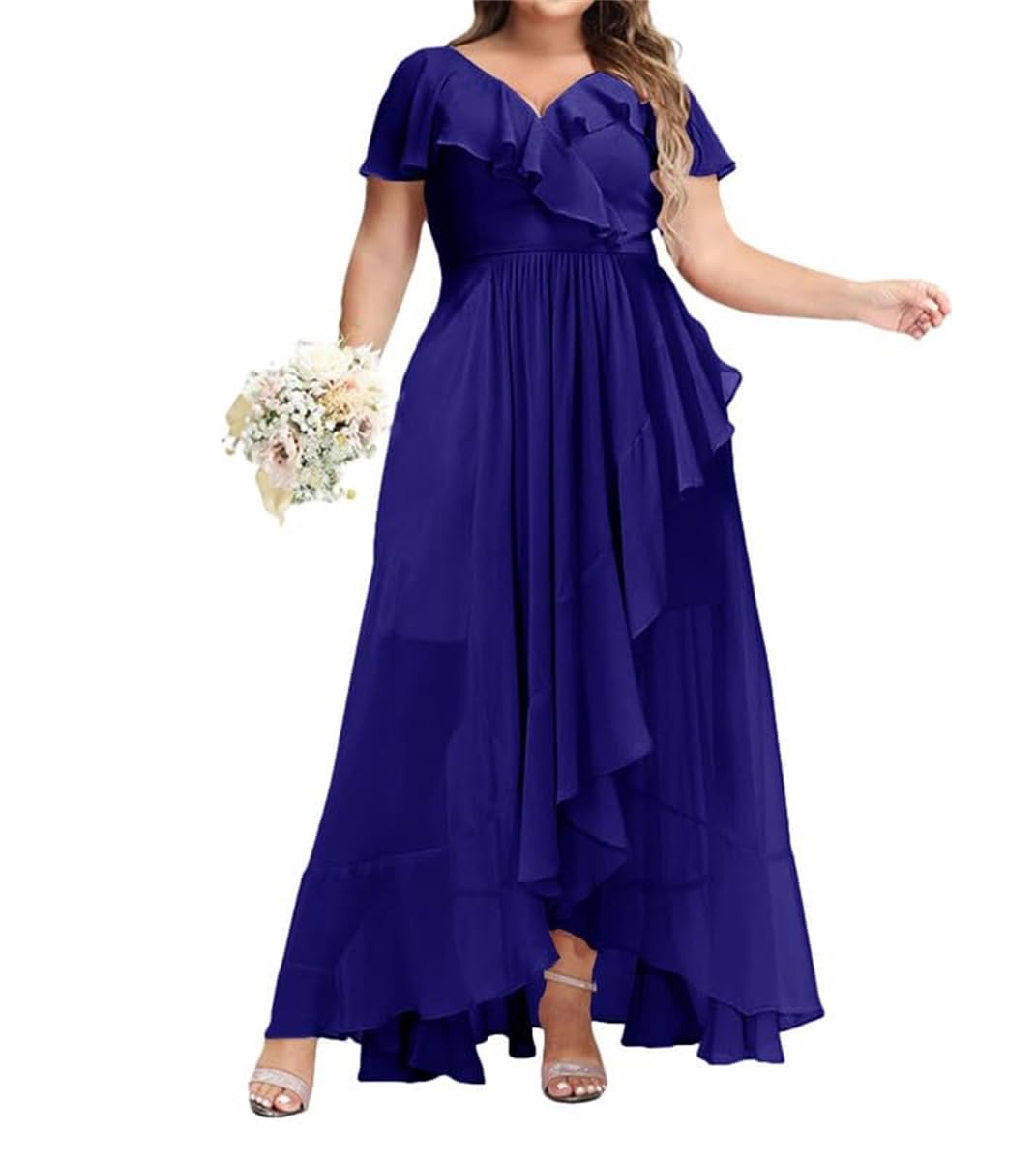 SAYNO Short Sleeves Bridesmaid Dresses for Wedding with V Neck A-Line Formal Party Gowns Royal Blue UK20