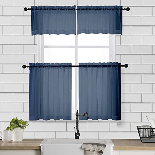 Image of Chyhomenyc Sheer Curtains Tiers 42W x 24L Inches 2 Pieces, Light Filtering Small Curtains, Short Bathroom Living Room Cafe Basement Voile Window Curtain, Rod Pocket, Navy Blue