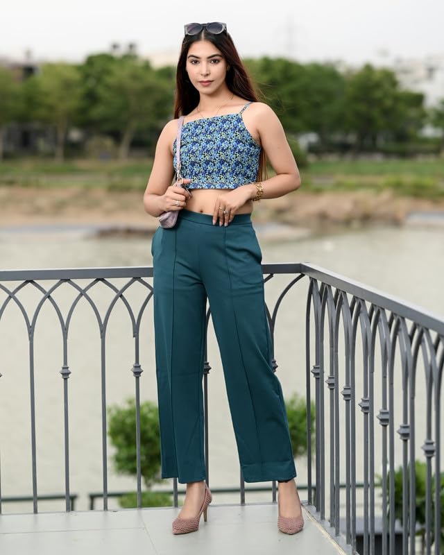 Image of Mlada Mid Waist Wide Leg Flared Pants Elastic Waist Band for Women Office Work Formal Wear Stretch Cotton Knit Flare Pants Utility Pockets Extra Flare Pants Trousers for Travel