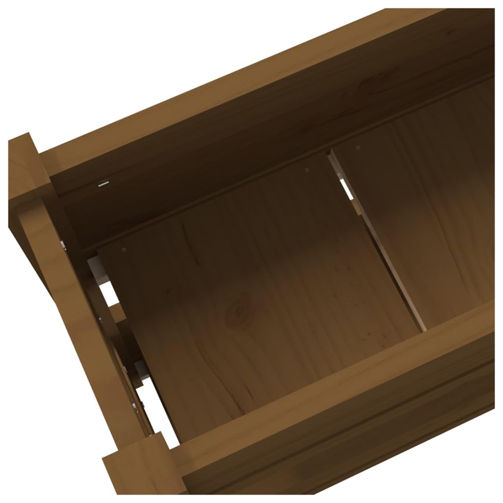 Jardinera de madera maciza de pino marrón ámbar 112 x 25 x 66 cm con 2 macetas, jardinera elevada para jardín, balcón o patio, estructura estable para plantas, flores, hierbas aromáticas,