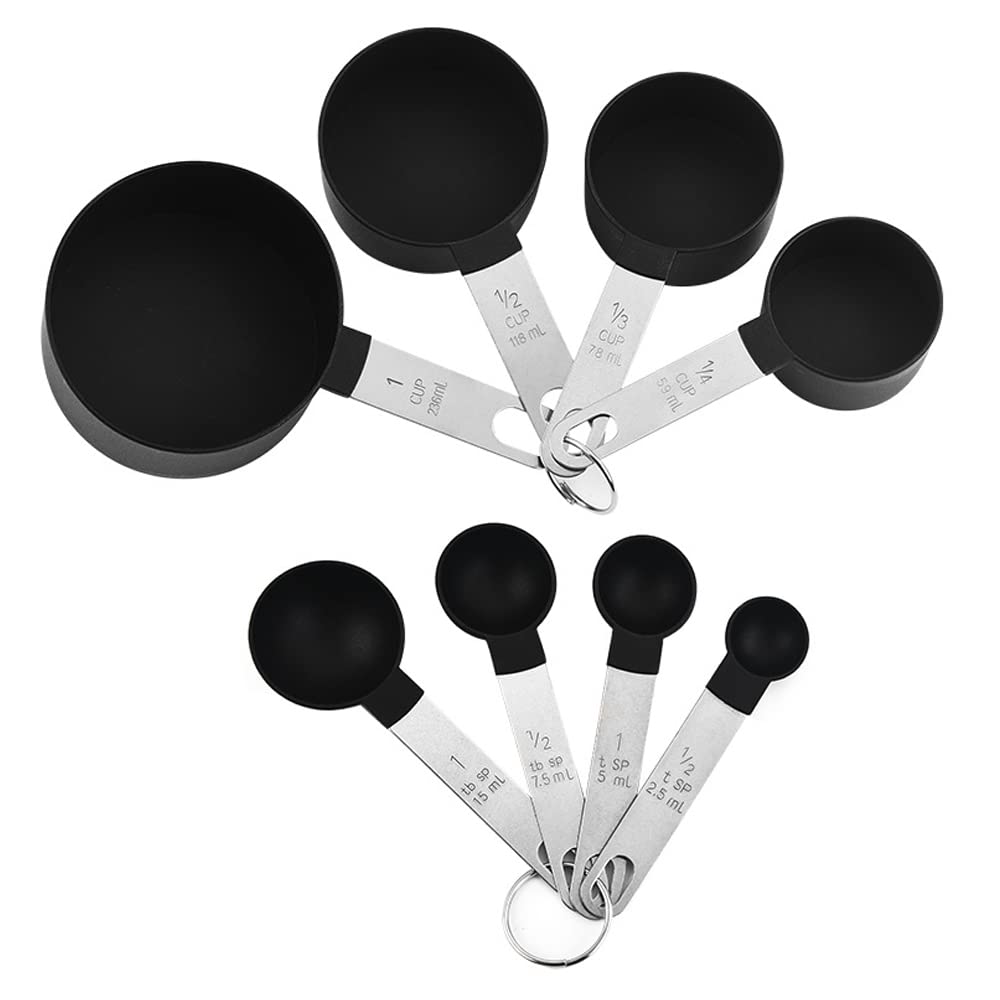 FUYTERY 8pcs Measuring Cups and Spoons Set Stainless Steel Stackable Kitchen Tool (Black)
