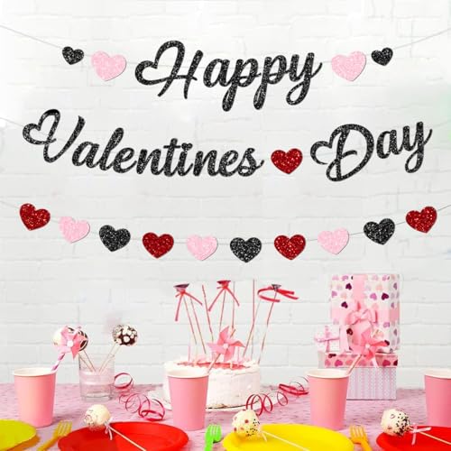Glitter Happy Valentines Day Decorations Banner Red and Black Glittery Heart Valentine’s Day Garland Banner for Black Happy Valentine’s Day Party Valentines Wedding Anniversary Party Supplies - Image 5