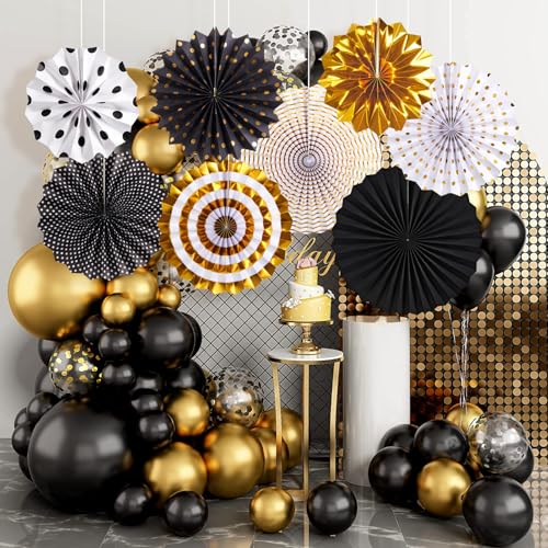 Image of Black and Gold Decorations, Hanging Honeycomb Paper Pompoms Fan for Graduation Birthday Wedding Photo Backdrop Prom Night New Years Black and Gold Party Decorations, Set of 8
