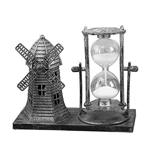 IUXROBU Windmill Vintage Hourglass Statue Decoration Souvenirs Sculpture for Bedroom Wall Shelves Cabinet Desk Ornaments（Silver, 6 Inch）