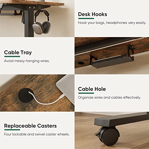 Vosatron Height Adjustable Electric Standing Desk, 48 X 24 Inches Sit Stand Up Desk With Splice Board, Memory Computer Home Office Desk With Caster Wheels, Black Frame/Rustic Brown Top #TOP4