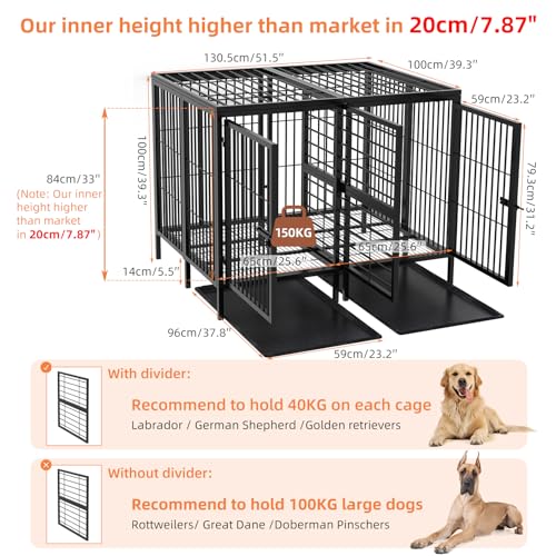 BingoPaw Hundekäfig XXXL Schwerlast Hundebox: 2 in 1 Doppelbox Hundegitterbox mit Trennwand, 2 Türen und Tablett, Haustierkäfig Outdoor Indoor für große mittelgrosse Hunde 130x100x100 cm
