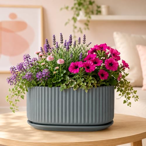 Image of Xtore Refined Ribbed Oval Planter Pot with Drain Tray for Indoor & Outdoor Plants | Minimal Modern Flower Pot (Grey, 23.5 cm) (Planter only)