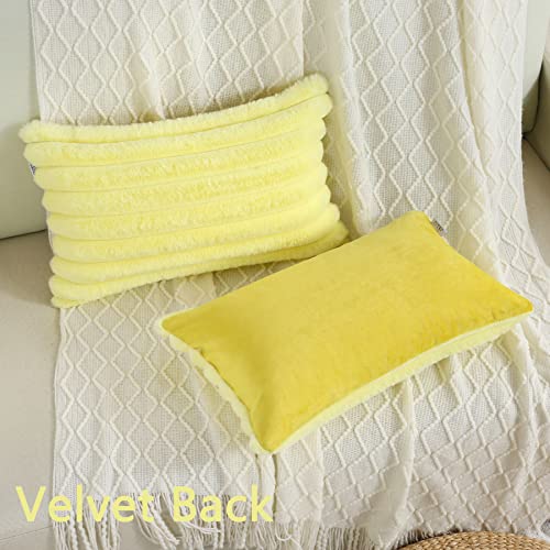 FUTEI Yellow Striped Decorative Throw Pillow Covers 12x20 Inch Set of 2,Rectangle Fall Decorations Couch Lumbar Pillowcase,Soft Cozy Faux Rabbit Fur & Velvet Back,Modern Home Decor for Bed