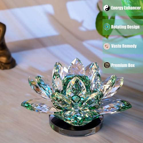 Image of FengShui Crystal Lotus Flower Showpiece & Paper Weight | Vastu Decor for Home & Office | Desk Decoration | Feng Shui Items for Good Luck, Wealth & Gifting | Green (Large-12.5 x 6.5 CM)