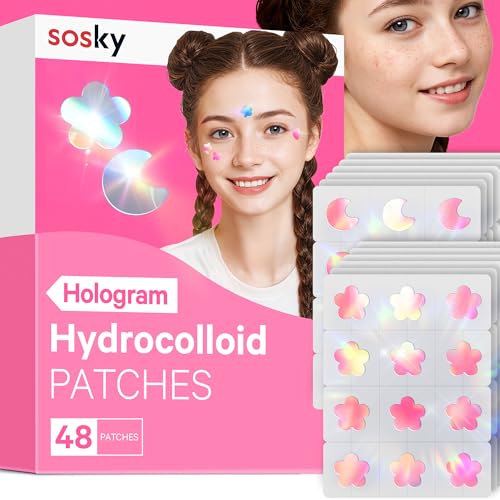 Image of Sosky Hologram Pimple Patches for Face, Hydrocolloid Acne Patches with Salicylic Acid, Cute Star Zit Stickers,Colorful Blemish Covers,48 Count Pink Moon Flower