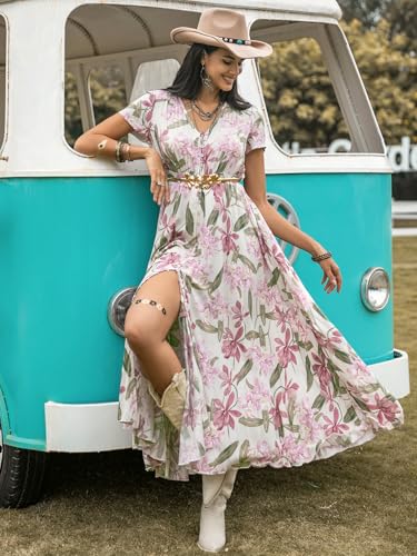 Image of SGF11 Floral Summer Dresses for Women 2026 Design Boho V Neck Short Sleeve Slit Maxi Dress Wear Casual