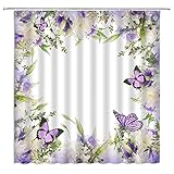 MSAYNFG Flower Butterfly Shower Curtain Purple White Floral Wings Animal Fantasy Bloom Lilac Border Spring Nature Garden Plant Woman Fabric Bathroom Decor Set with Hooks(70" WX70 H)