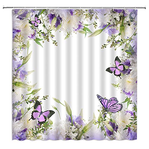 MSAYNFG Flower Butterfly Shower Curtain Purple White Floral Wings Animal Fantasy Bloom Lilac Border Spring Nature Garden Plant Woman Fabric Bathroom Decor Set with Hooks(70" WX70 H)