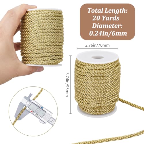 GORGECRAFT 60 Feet 6mm Twisted Cord Trim Gold Decorative Rope 3 Strand Braided Silk Thread Satin Shiny Honor Cord for Home Decor Curtain Tieback DIY Handicraft Knotting Gift Wrapping Garden Twine - Image 2