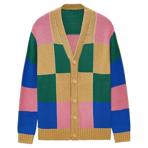 Men's Cardigan Knit Color Block Sweater V Neck Casual Loose Fit Sweater Button Down Fashion Warm Sweaters