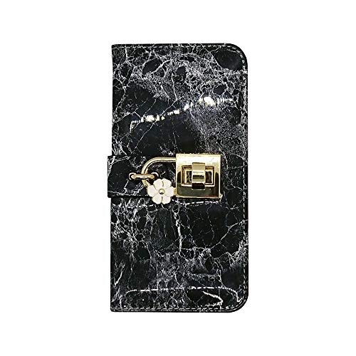 sslink iPhone 17 アイフォン17 対応 手帳型 スマホ ケース (ブラック) ベルトなし エナメルレザー 大理石柄 マーブル ストーン 花 フラワー 鍵 チャーム付き キラキラ ゴールド おしゃれ かわいい スマホ カバー T.C