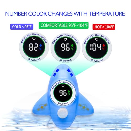 Image of Baby Bathtub Thermometer with LED Display Screen+Blue Airplane toy-2-in-1 | Color Coded Alarm (Cold /Comfortable /hot) Bath Temperature Monitor, Adorable Floating Toys for Infants, Essential for Babies
