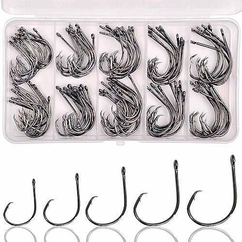 Saltwater Circle Fishing Hook Kit,100pcs in-line Circle Hook High Carbon Steel Fish Hooks Straight Eyes Barb Point Octopus Fishing Hooks Size 1/0-5/0