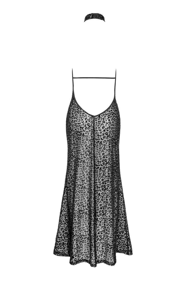 Noir Handmade F288 Robe Longue floquée au Look léopard avec Fente