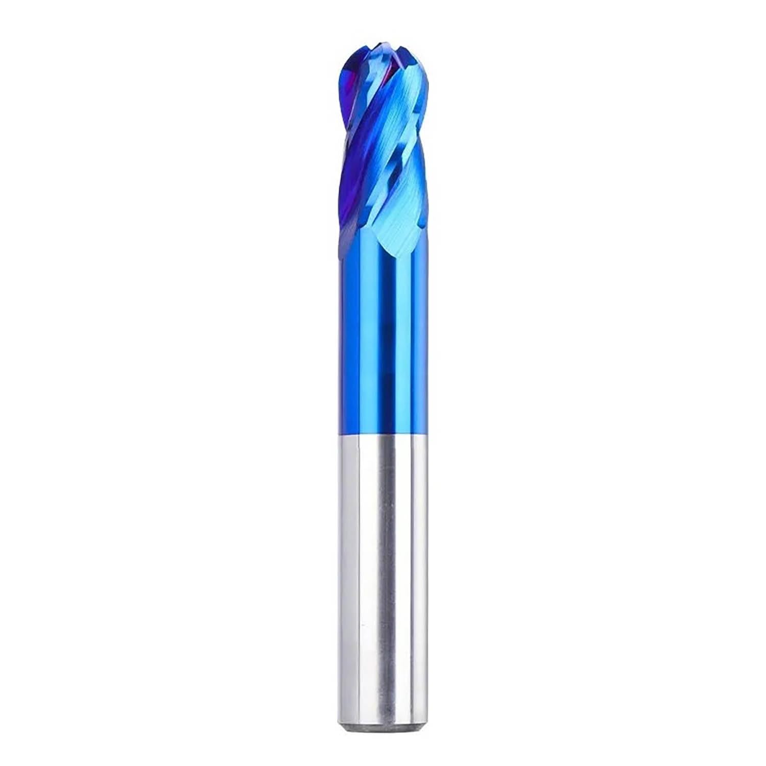6mm 8mm 10mm Shank Milling Cutter 4 Flute Ball Nose Carbide End Mill CNC Milling Tool Spiral Router Bit for Metal Copper Steel R1.0-R8.0(Nano Blue Coated,R6x12x24x75x12D)