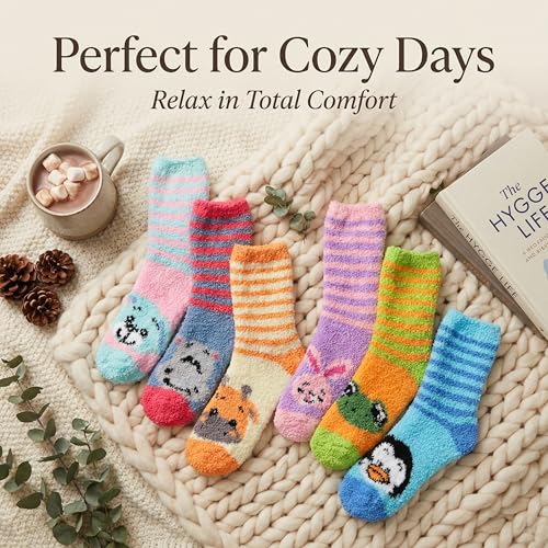 Image of Tipi Toe Womens Fuzzy Crew Socks with Anti Slip Grips Warm Cozy Fluffy Winter Slipper Socks Non Skid Home Socks for Women