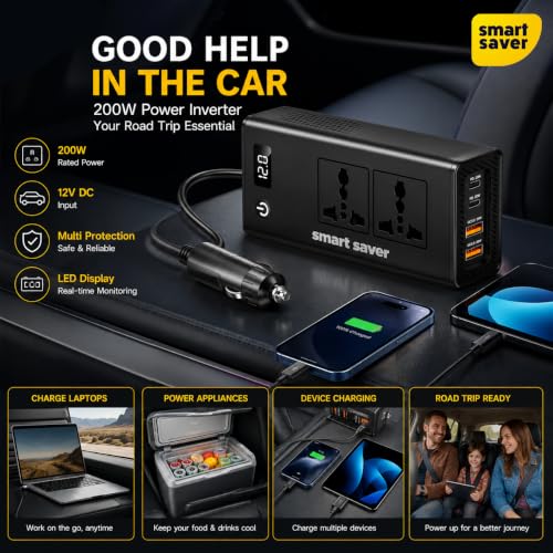 Image of Smart Saver Laptop Charger for Car, 200W Car Power Inverter, DC 12V to 2200V AC Car Plug Adapter Outlet with 20W PD, QC3.0 Fast Charger 36W, Power Inverter for Vehicles