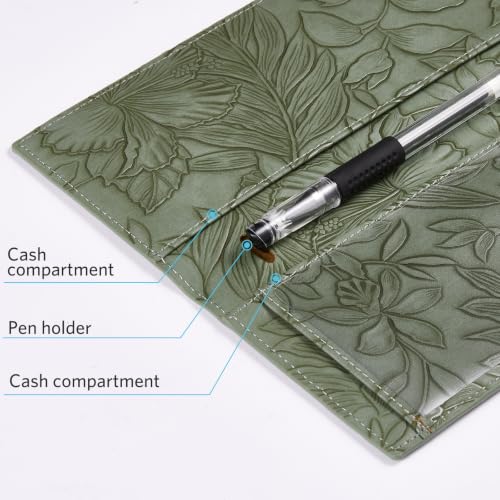 Image of CoBak Premium Leather Checkbook Cover - RFID Blocking, Classic Design, Slim & Durable - Perfect for Personal & Business Checks,Green Embossed Narcissus