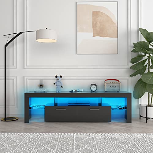 Lmereody Modern Led Tv Stand For 55/60/65/70/75+ Inch Tv, High Glossy Entertainment Center With Led Lights, Gaming Media Console Tv Stand With Storage, Black Wood Tv Table For Living Room, Bedroom #TOP5