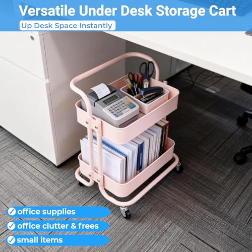 Image of 2 Tier Short Rolling Cart with Wheels All-Metal Pink Pantry Storage for Kitchen,Under Desk Trolley with Handle Small Wheeled Storage Cart for Laundry Room Bathroom, Under Table Small Space