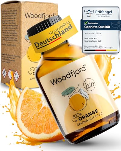 WOODFJORD Saunaaufguss Orange BIO 100 ml I Premium Sauna Aufgussmittel für authentische und nachhaltige Saunaerlebnisse I Saunaöl und Saunaduft I Fröhlich und positiv