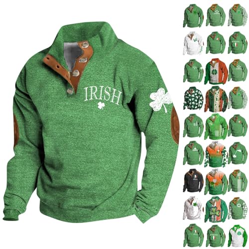 QWENTMTNTY Mens St Patricks Day Sweatshirt Retro Irish Flag Shamrock Shirts Stand Collar Long Sleeve Shirt Pullover Clothes