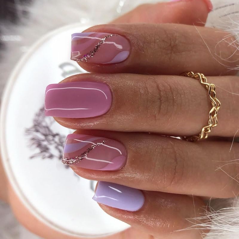 Press on Nails Short Medium Square Fashion Fake Nails with Glitte...