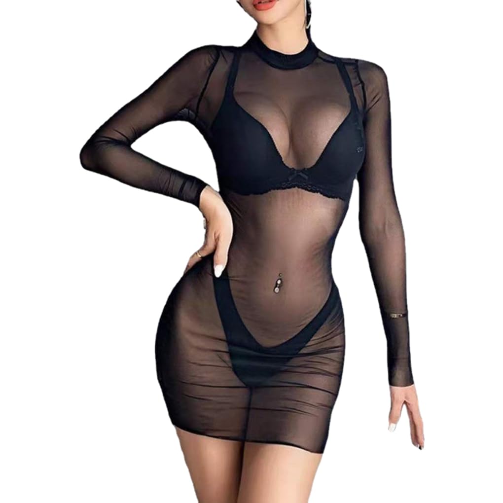 Womens Sheer Mesh Swimsuit Cover Ups, Sexy Black Mesh Dress, Long Sleeve Swimsuit Summer Beachwear