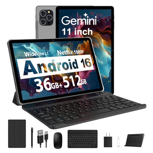 RUSHAR Tablet 11 Pulgadas Android 16 con 36GB RAM+512GB ROM (2TB TF), 5G/2.4G WiFi, Octa Core 2.0GHz, Widevine L1, 8000mAh, 13MP+8MP, GPS, Face ID, BT 5.0, Tablet con Teclado, Gris