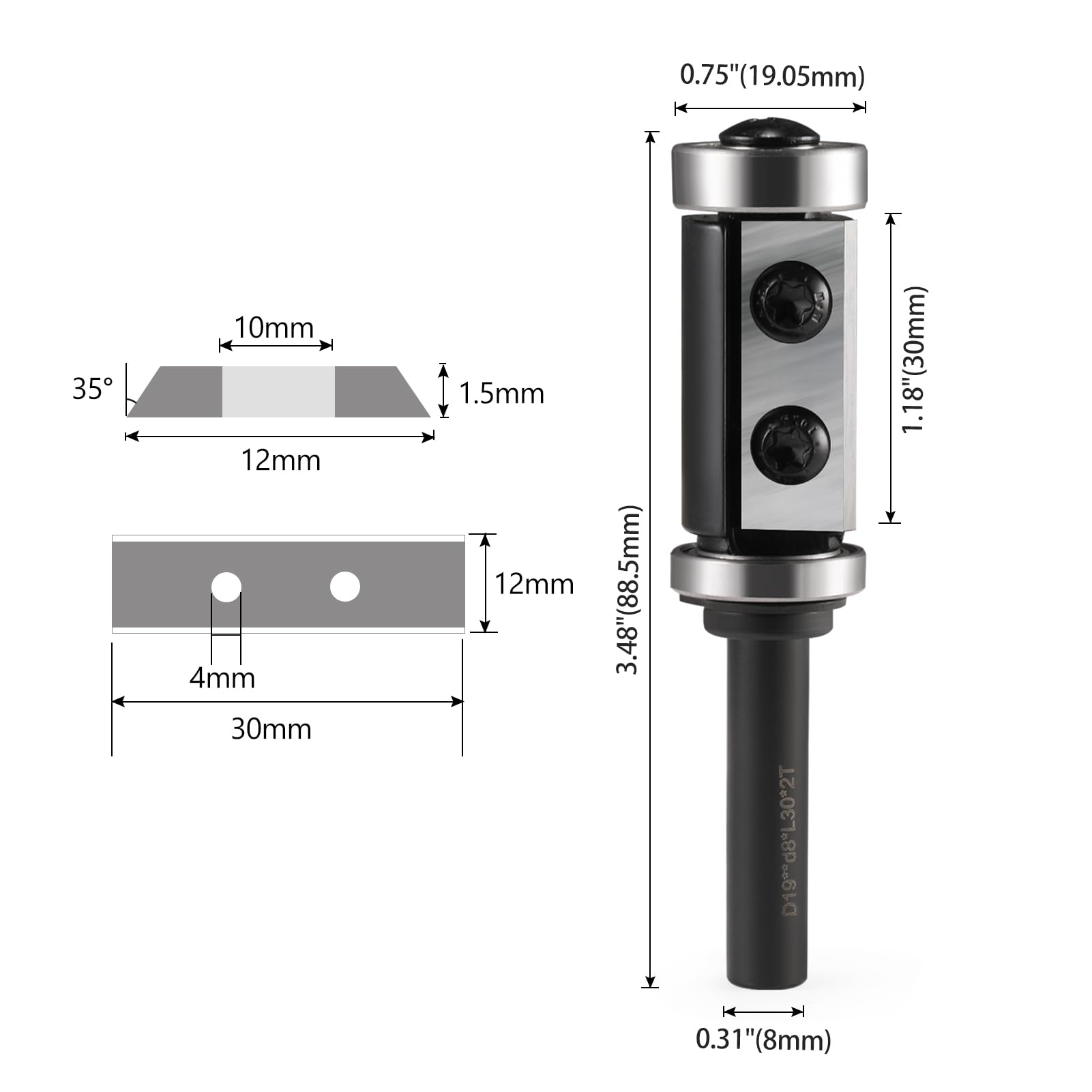 Fraise à affleurer à plaques réversibles avec tige de 8 mm, fraise à affleurer avec 2 surfaces de coupe en carbure interchangeable, diamètre = 19 mm, longueur totale = 30 mm en haut et en bas