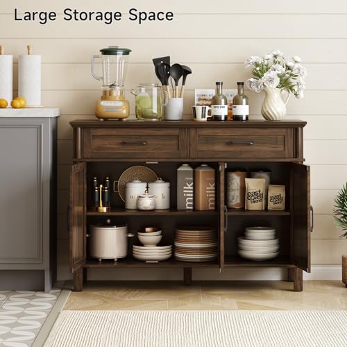 Image of ONBRILL 48 Inch Buffet Cabinet with Storage, Farmhouse Sideboard Buffet w /2 Drawers and 3 Doors, Wood Coffee Bar Cabinet with Adjustable Shelves, Sideboard Storage for Kitchen, Living Room, Walnut