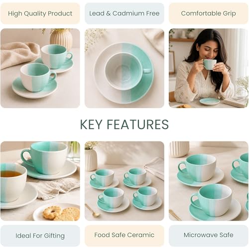 Image of The Earth Store TT Green Ceramic Cappuccino Cup with Saucer Set of 4 | 250ML Coffee & Tea Cups | Microwave & Dishwasher Safe | Stylish Cups for Home, Cafe & Gifting