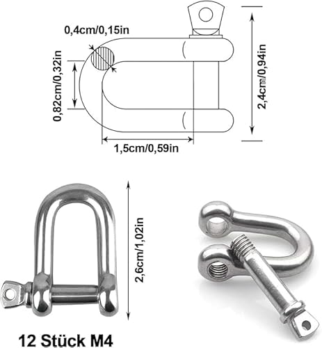 Schäkel D-Form, Schäkel,12 Stück M4 D Schäkel, 304 Edelstahl D-Ring-Schäkel, Schäkel Edelstahl, D Ring Schäkel Gerade, sperren Schäkel, D Schäkel Edelstahl, für Takelage Kordeln Befestigungen