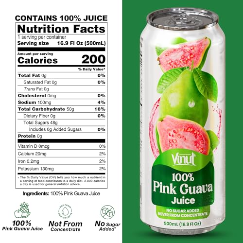 Image of VINUT 100% Pink Guava Juice, No Added Sugar, Not From Concentrate, 16.9 fl oz (500 mL) Can, Pack of 24