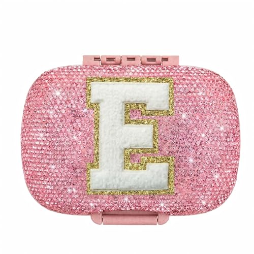 Image of Cute Pill Organizer Small Bling Pill Case for Purse Medicine Vitamin Container Holder Daily Pill Box Container for Women Travel Medicine Kit(Letter E Pink)