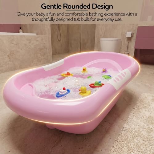 Image of Baybee Lovely Baby Bath Tub for 0 to 5 Years | Ergonomic Bath Tub for Kids with Quick Drain & Storage | Premium Baby Bather with Non Slip Base & Side Grip Bathing Tubs for Boys Girls (Pink)
