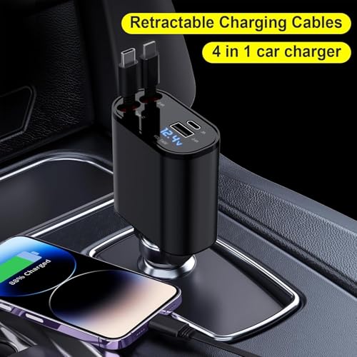 Image of 4-in-1 Retractable Car Charger, 100W Super Fast Charge, with 31.5-Inch Retractable Cables and Dual USB Ports, Compatible with All iPhone, iPad, Pixel, Tablets, All Android Phones