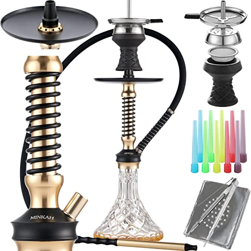 Hookah Set with Everything Accessories Silicone Hose Bowl Coal Tongs Mouth Tips Chimney Screen Diffuser 2023 Small Glass Shisha Hookahs Set Complete Aluminum Stem Hooka Narguile Smoking Gold