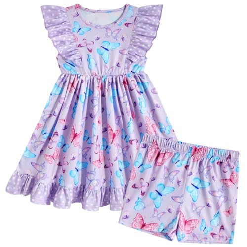 Enlifety Toddler Girls Dresses 4T 5T Summer Casual Butterflies Outfits 2 Piece Ruffle Sleeve Dress with Shorts Butterfly