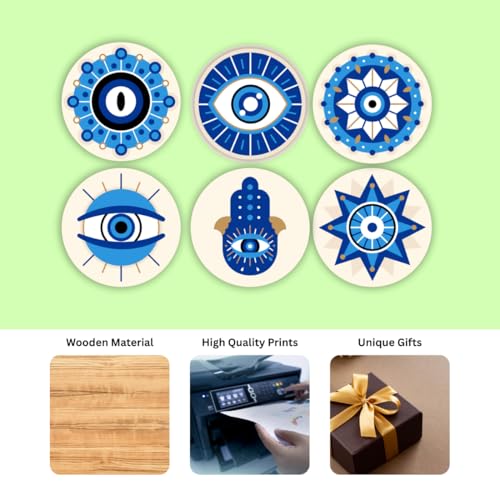 Image of Zesta Coasters for Cups Set of 6 / Wooden Coasters for Bar Accessories for Home /Tea Coaster Set of 6 / Waterproof Dining Table Decor Glass Cover (Evil Eye, Circle)