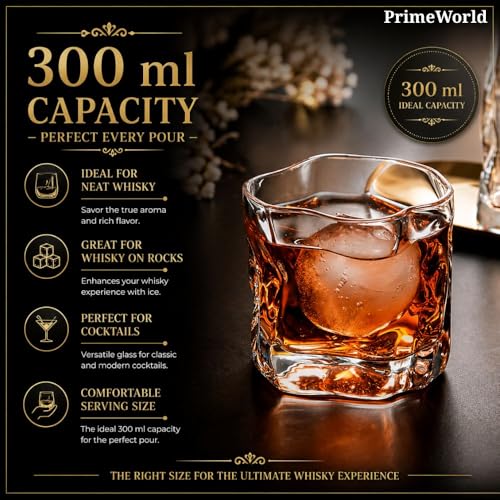 Image of PrimeWorld Grand Crystal Whiskey Glasses Set of 6 pcs- 300 ml Bar Glass for Drinking Bourbon, Whisky, Scotch, Cocktails, Cognac- Old Fashioned Cocktail Tumblers