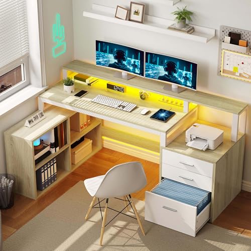 DWVO L Shaped Desk with Drawers, 65' Computer Desk with Power Outlets & LED Lights, Corner Home Office Desk with Storage Shelves & Printer Stand, White & Oak
