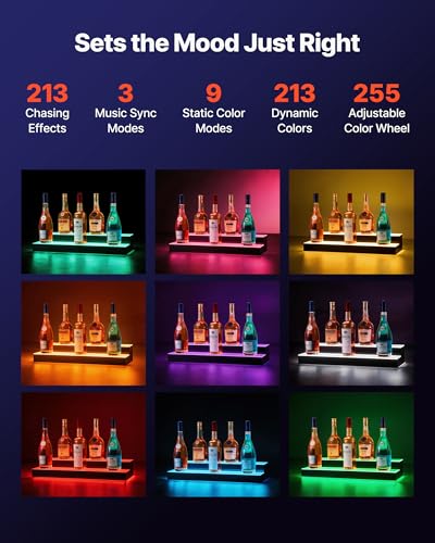 Image of VEVOR LED Lighted Liquor Bottle Display, 2 Tiers 24 inches, Supports USB, Acrylic Illuminated Home Bar Shelf Display with RF Remote & App Control, 9 Static Colors, Timing Mode, for 12-16 Bottles